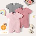 3-Pack Baby Girl Cotton Rib Knit Solid Rompers Set ColorBlock