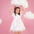 Kid Girl Floral Print Short Puff-sleeve Mesh Design Princess Party Dress OffWhite