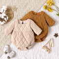 Baby Girl Long-sleeve Square Neck Solid Quilted Romper LightKhaki image 2