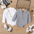 Baby Boy Button Front Solid Waffle Long-sleeve Romper White image 2