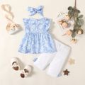 Summer Picnic Baby Girl 3pcs Floral Lace and Ruffle Decor Flutter-sleeve Blue Top and Bow Decor White Leggings Shorts with Headband Set Light Blue