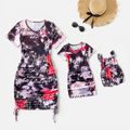 Allover Letter Print Tie Dye Short-sleeve Ruched Drawstring Bodycon Dress for Mom and Me Black