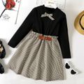 2pcs Kid Girl Bowknot Design Mock Neck Long-sleeve Black Tee and Plaid skirt Set Black