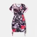 Allover Letter Print Tie Dye Short-sleeve Ruched Drawstring Bodycon Dress for Mom and Me Black