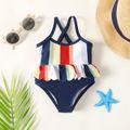 Baby Girl Striped Scallop Trim Detail One-Piece Swimsuit Tibetanblue image 1