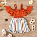 2pcs Baby Girl 100% Cotton Bow Front Cold Shoulder Short-sleeve Crop Top and Striped Ruffle Trim Skirt Set COLOREDSTRIPES