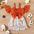 2pcs Baby Girl 100% Cotton Bow Front Cold Shoulder Short-sleeve Crop Top and Striped Ruffle Trim Skirt Set COLOREDSTRIPES image 1