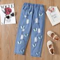 Kid Girl Butterfly Print Straight Ripped Denim Jeans Blue image 1