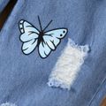 Kid Girl Butterfly Print Straight Ripped Denim Jeans Blue image 5