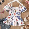 Kid Girl Butterfly Print Smocked Off Shoulder Short-sleeve Cami Tee White