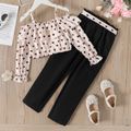 2pcs Kid Girl Heart Print Flounce Long-sleeve Camisole and Belted Black Straight Pants Set Almond Beige