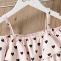 2pcs Kid Girl Heart Print Flounce Long-sleeve Camisole and Belted Black Straight Pants Set Almond Beige