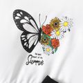 2pcs Kid Girl Butterfly Floral Print White Long-sleeve Tee and Bowknot Design Metallic Faux Fur Irregular Hem Skirt Set Black/White