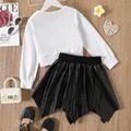 2pcs Kid Girl Butterfly Floral Print White Long-sleeve Tee and Bowknot Design Metallic Faux Fur Irregular Hem Skirt Set Black/White