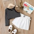 2pcs Toddler Girl Stripe One Shoulder Long-sleeve Tee and Belted White Shorts Set Multi-color image 1