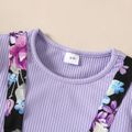 2pcs Kid Girl Ruffled Ribbed Long-sleeve Purple Tee and Floral Print Suspender Skirt Set Purple