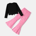 L.O.L. SURPRISE! 2pcs Kid Girl Graphic Print Tie Knot Long-sleeve White Tee and Stripe Heart Leopard Print Pink Flared Pants Set Black image 3