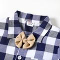 2pcs Kid Boy Preppy style Bow tie Design Lapel Collar Plaid Shirt and Khaki Pants Set Blue