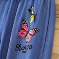 Kid Girl Butterfly Print Bowknot Design Elasticized Denim Jeans Deep Blue