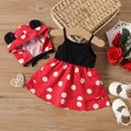 2pcs Baby Girl Polka Dots Bow Front Layered Cami Dress with Hat Set Color block image 2