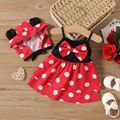 2pcs Baby Girl Polka Dots Bow Front Layered Cami Dress with Hat Set Color block image 1