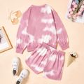 2pcs Kid Girl Tie Dyed Long-sleeve Pink Tee and Elasticized Shorts Set Pink