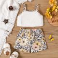 2pcs Baby Girl Eyelet Embroidered Camisole and Leopard & Floral Print Shorts Set ColorBlock