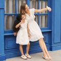 100% Cotton White Hollow-Out Floral Embroidered Ruffle Sleeveless Dress for Mom and Me White image 3