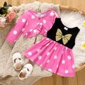 2pcs Baby Girl Butterfly Print Spliced Polka Dots Tank Dress and Ruffle Trim Long-sleeve Cardigan Set Pink