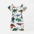 Family Matching Allover Dinosaur Print & Solid Spliced Short-sleeve Slim Fit Dresses and T-shirts Sets ColorBlock