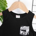 2pcs Toddler Boy Pocket Design Sleeveless Black Tee and Allover Print Shorts Set Black