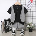 2pcs Toddler Boy  Gentleman Suit, Faux-two Vest Design Short-sleeve Polo Shirt and Gery Shorts Set Black
