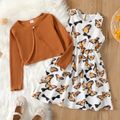 2pcs Kid Girl Butterfly Print Sleeveless Dress and Waffle Brown Long-sleeve Cardigan Set Brown image 1