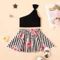 2pcs Baby Girl Solid One Shoulder Crop Tank Top and Stripe & Floral Print Skirt Set ColorBlock
