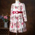 Kid Girl Floral Print Bowknot Design Long Puff-sleeve Dress Colorful