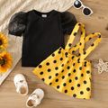 2pcs Baby Girl Rib Knit Spliced Mesh Puff-sleeve Top and Polka Dots Suspender Skirt Set ColorBlock