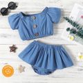 100% Cotton 2pcs Baby Girl Button Front Solid Denim Short-sleeve Crop Top and Shorts Set Light Blue image 1
