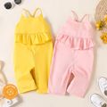 100% Cotton Baby Girl Solid Ruffle Trim Cami Jumpsuit Ginger-2 image 2
