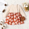 Baby Girl Bow Front Long-sleeve Rib Knit Spliced Daisy Floral Print Dress ColorBlock