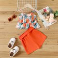 2pcs Toddler Girl Floral Print Camisole and Belted Orange Shorts Set Orange