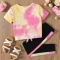 2pcs Kid Girl Letter Print Tie Dyed Tie Knot Short-sleeve Cotton Tee and Colorblock Pants Set ColorBlock