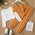 3pcs Kid Girl Brown Camisole & Waffle Long-sleeve Cardigan and Pants Set Brown image 2