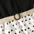 Kid Girl Polka dots Ribbed Splice Mock Neck Belted Half-sleeve Dress Black