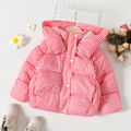 Toddler Girl Plaid Button Design Hooded Puffer Coat Red image 1