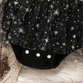 Baby Girl Button Front Textured Short-sleeve Spliced Starry Mesh Romper BlackandWhite