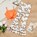 2pcs Kid Girl Button Design Tie Knot Camisole and Butterfly Print Flared Pants Set Orange image 1