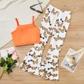 2pcs Kid Girl Button Design Tie Knot Camisole and Butterfly Print Flared Pants Set Orange