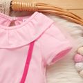 Baby Girl 100% Cotton Crepe Splice Ribbed Ruffle Collar Mesh Short-sleeve Dress Pink