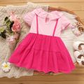 Baby Girl 100% Cotton Crepe Splice Ribbed Ruffle Collar Mesh Short-sleeve Dress Pink