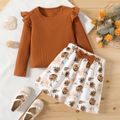 2pcs Kid Girl Ruffled Waffle Long-sleeve Brown Tee and Floral Print Bowknot Design Skirt Set Khaki